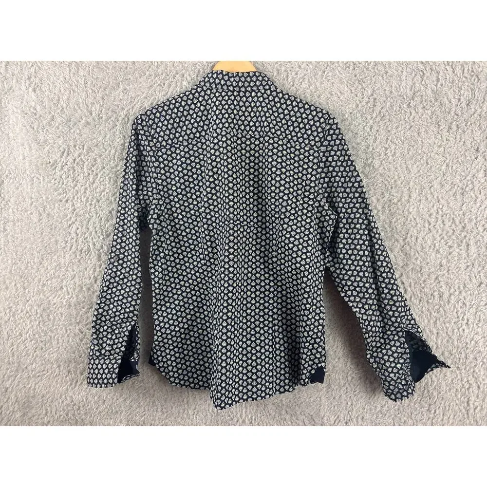 Talbots Navy Printed Button Front Cotton Shirt Women’s XS Roll Tab Sleeves‎